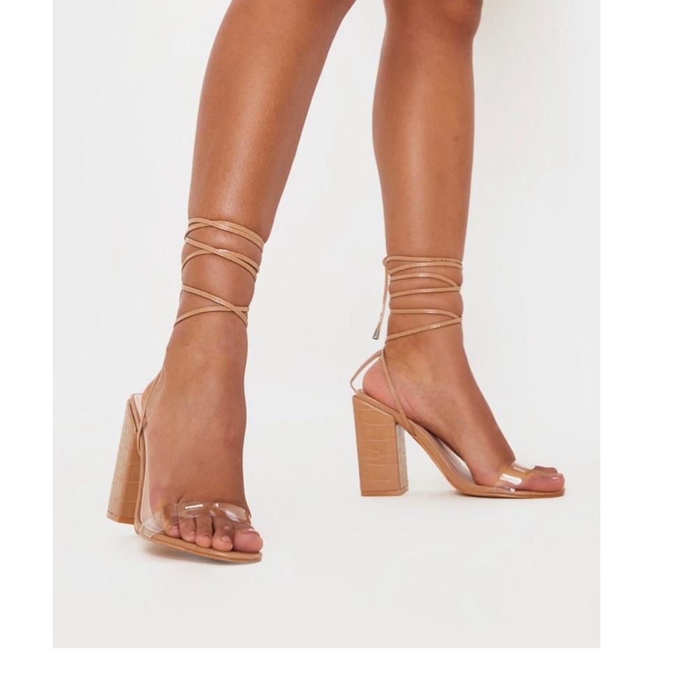 PrettyLittleThing Tan faux snake heels NWT